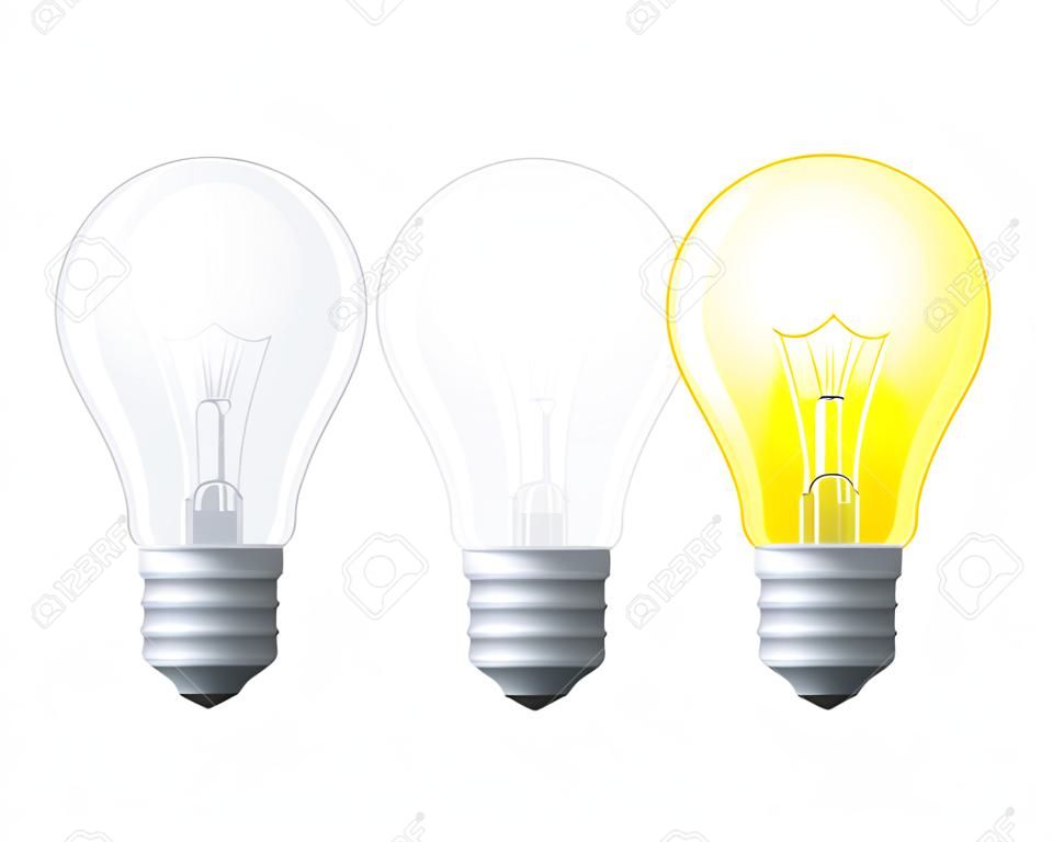 Light bulbs set, turned off and glowing yellow light bulb 