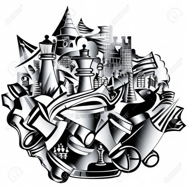 Шахматы city.Vector иллюстрации, абстракция, черный контур на белом фоне, нарисованный рукой