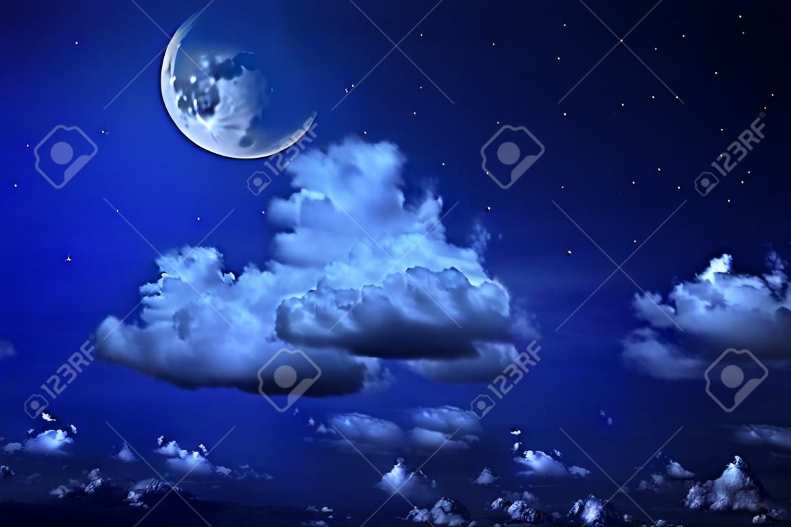 Gran Luna y las estrellas en un cielo nublado noche azul. Paisaje fantástico