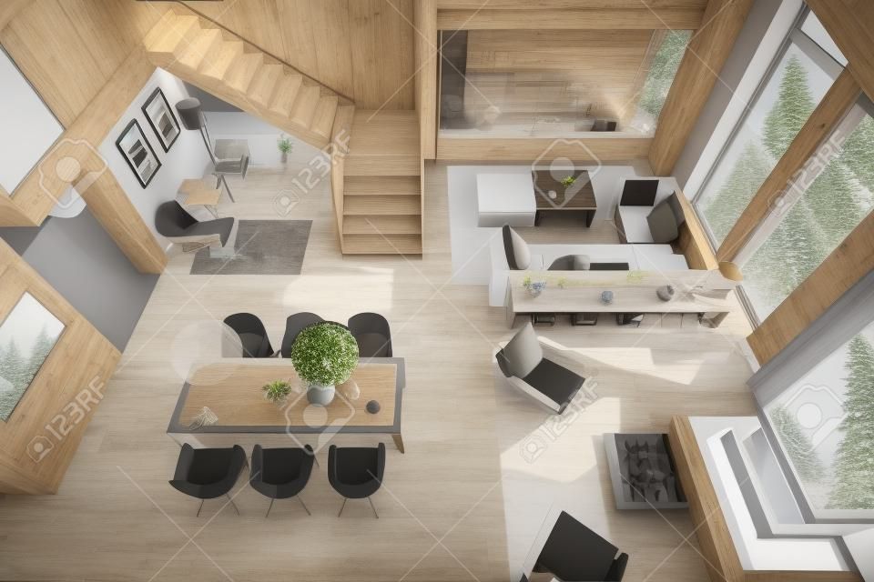 3D rendering van woonkamer, keuken en eetkamer en trap worden gecombineerd in een gebied van chalet. Het interieur is ingericht met hout en natuurlijke materialen.
