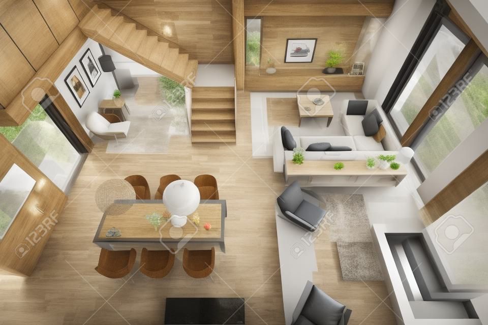 3D rendering van woonkamer, keuken en eetkamer en trap worden gecombineerd in een gebied van chalet. Het interieur is ingericht met hout en natuurlijke materialen.