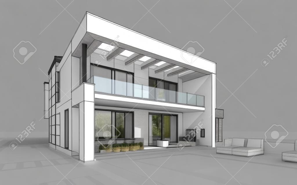 Renderowania 3d szkic nowoczesnych przytulny dom z garażem na sprzedaż lub wynajem z dużym ogrodem i trawników. Czarna linia na białym tle