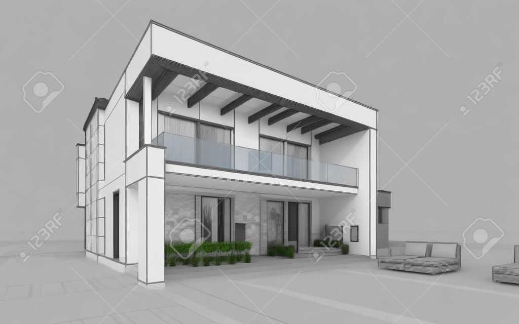 Renderowania 3d szkic nowoczesnych przytulny dom z garażem na sprzedaż lub wynajem z dużym ogrodem i trawników. Czarna linia na białym tle