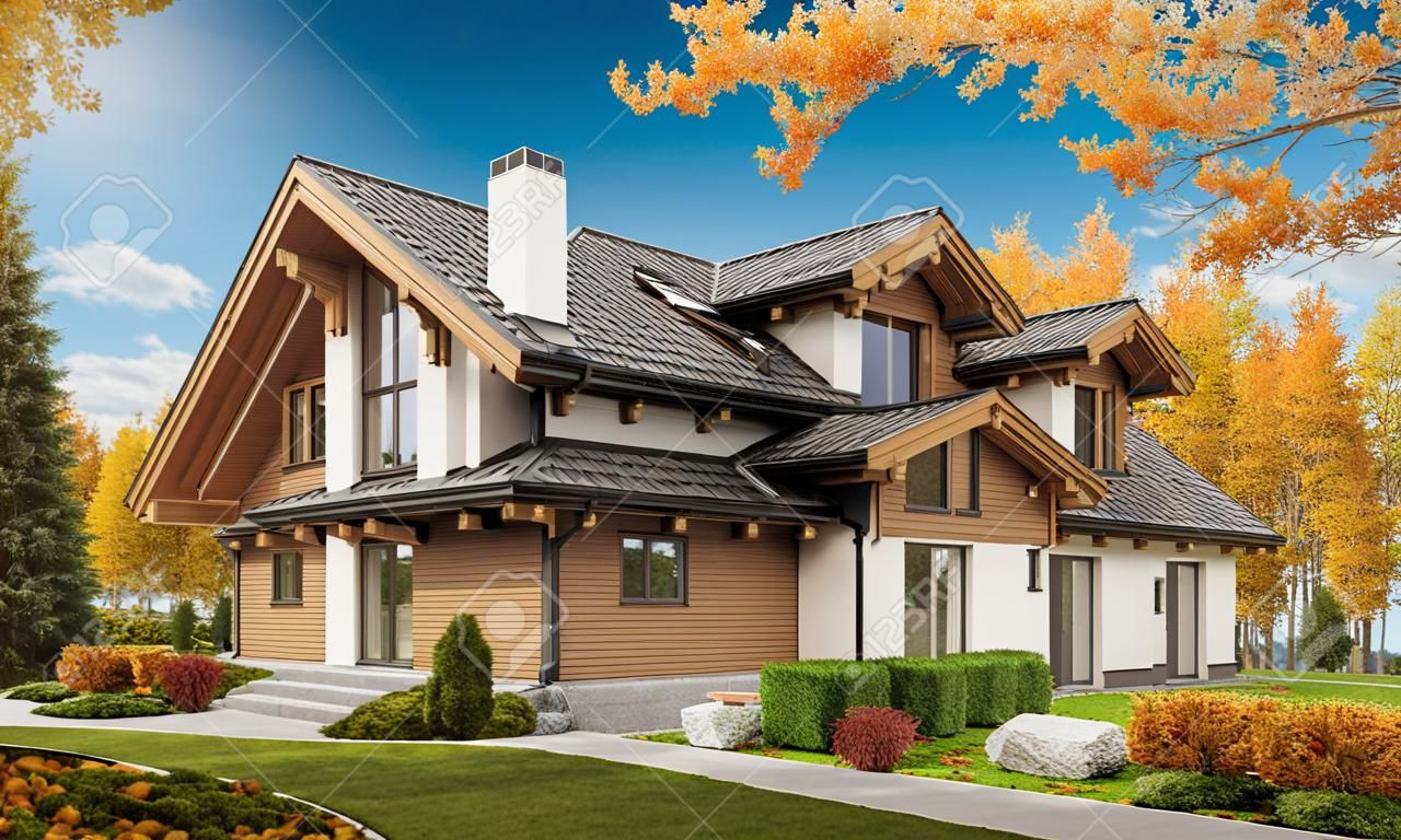 3d rendering of modern cozy house in chalet style with garage for sale or rent with large garden and lawn. Clear sunny autumn day with cloudless sky.