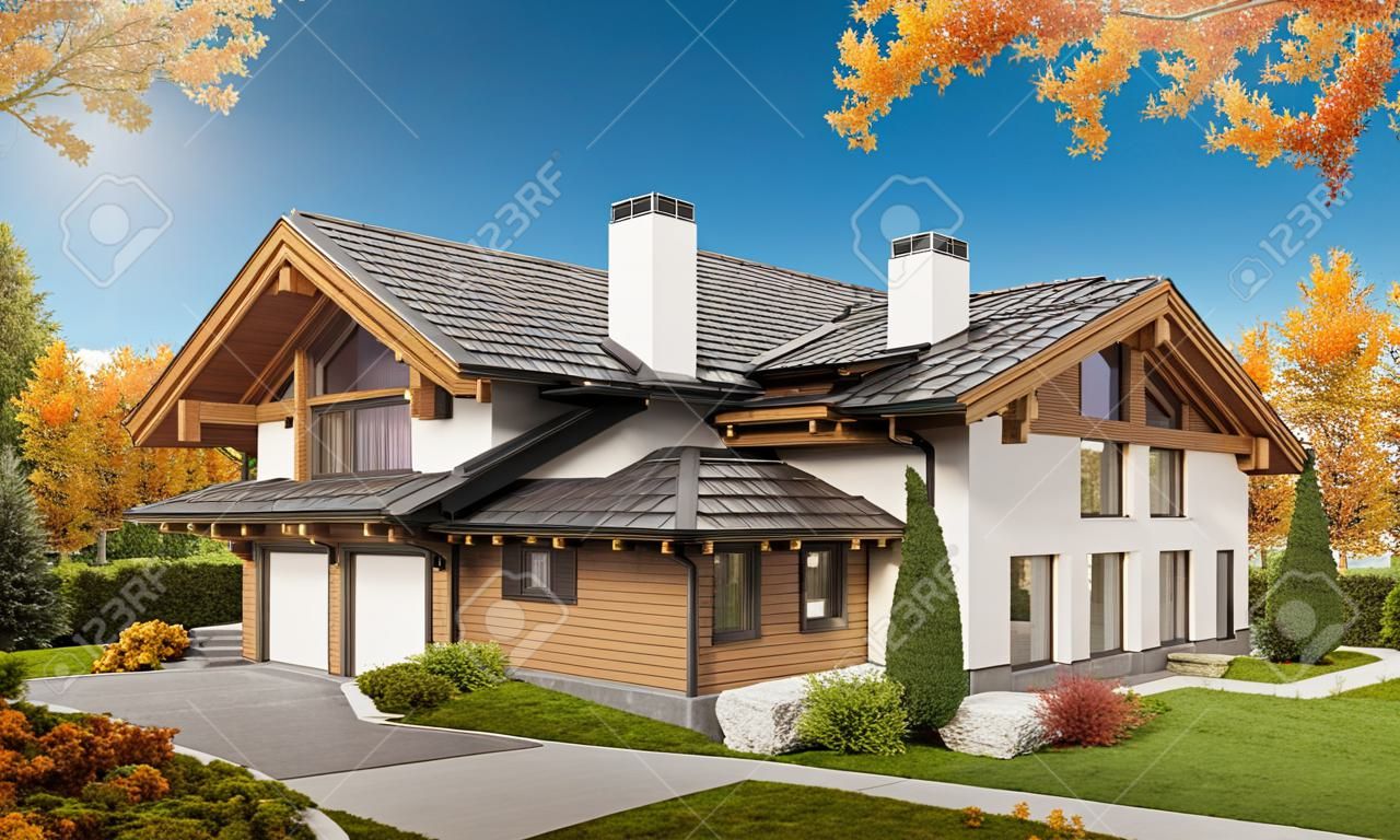 3d现代舒适房子翻译木屋的样式的与车库的与大庭院和草坪的待售或租。晴朗晴朗的秋日，与万里无云的天空。