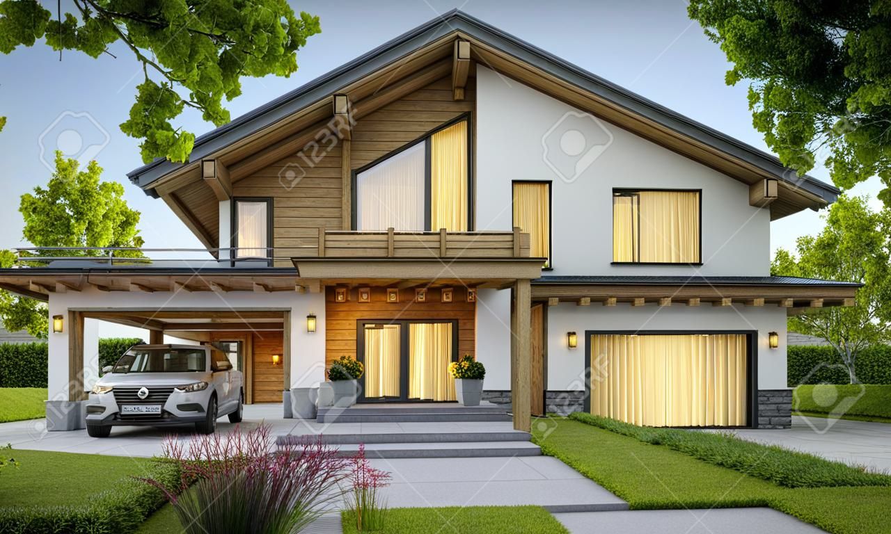 3d現代舒適房子翻譯木屋的樣式的與車庫的與大庭院和草坪的待售或租。晴朗的夏天evenig與柔和的天空。窗外舒適溫暖的光線