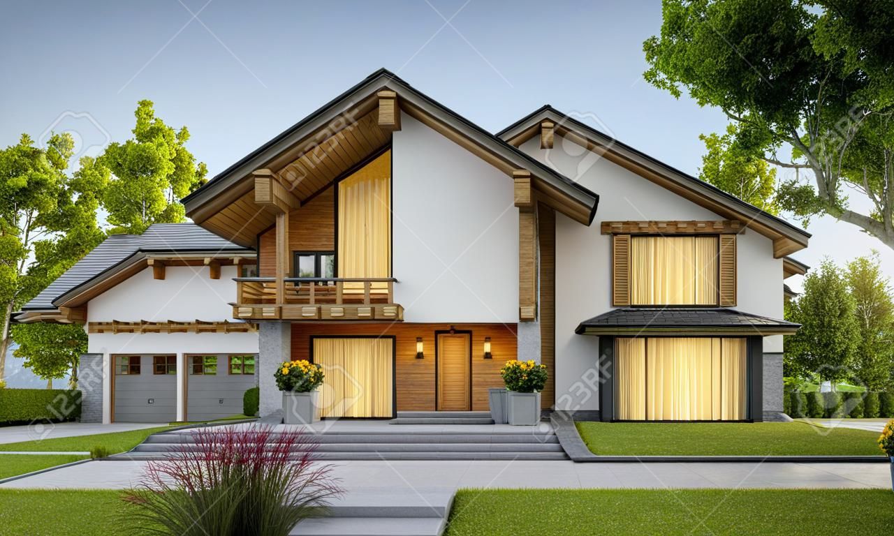 Renderowanie 3d nowoczesnego, przytulnego domu w stylu górskiej chaty z garażem na sprzedaż lub wynajem z dużym ogrodem i trawnikiem. Czysty letni wieczór z miękkim niebem. Przytulne ciepłe światło z okna