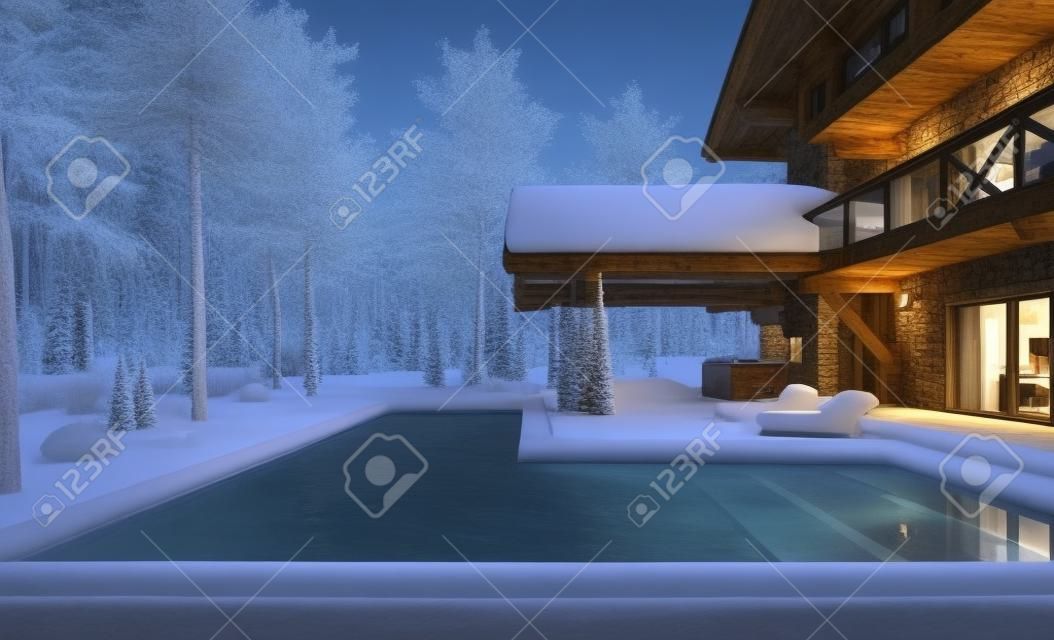 Renderowanie 3D nowoczesnego przytulnego domku z basenem i parkingiem na sprzedaż lub wynajem. piękne leśne góry na tle. masywne kolumny z belek drewnianych. chłodna zimowa noc z gwiazdami na niebie.