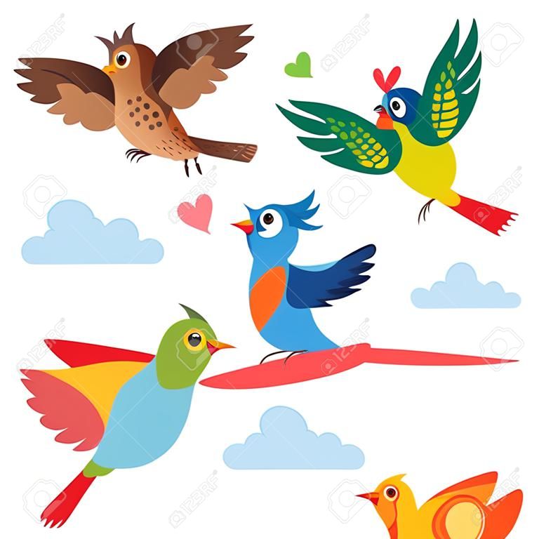 Repülő színes madarak. Vektor madarak. Cartoon rajzfilm beállítása. Elszigetelt fehér háttér. A madarak a paradicsomban. Eladó madarak. Madarak az égen. Madarak énekelnek. Kis madarak és fiatal madarak.