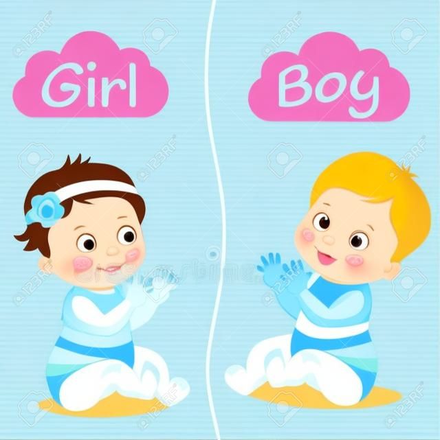 男の子の赤ちゃんと赤ちゃん少女ベクトル イラスト。2 つのかわいい漫画の赤ちゃん。ベビー シャワーの招待状カード男の子と女の子の赤ん坊。かわいい幼児。