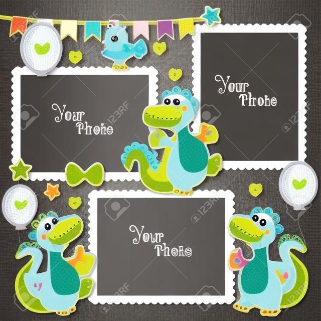Photo Frames For Kids With Dinosaurs. Decorative Template For Baby, Family Or Memories. Scrapbook Vector Illustration. Birthday Children'S Photo Framework - Stock Vector. Photo Frames Collage.