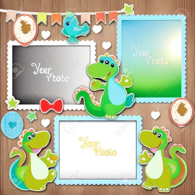 Photo Frames For Kids With Dinosaurs. Decorative Template For Baby, Family Or Memories. Scrapbook Vector Illustration. Birthday Children'S Photo Framework - Stock Vector. Photo Frames Collage.