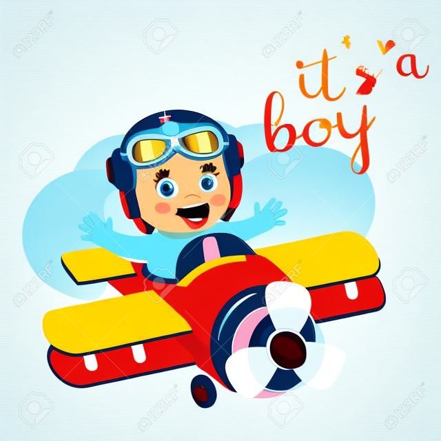 Es una tarjeta de vector hermoso niño. Avión lindo con el aviador del muchacho de la llegada. Ilustración de dibujos animados con Ahoy It's A Boy. Tarjeta de invitación de Baby Shower.