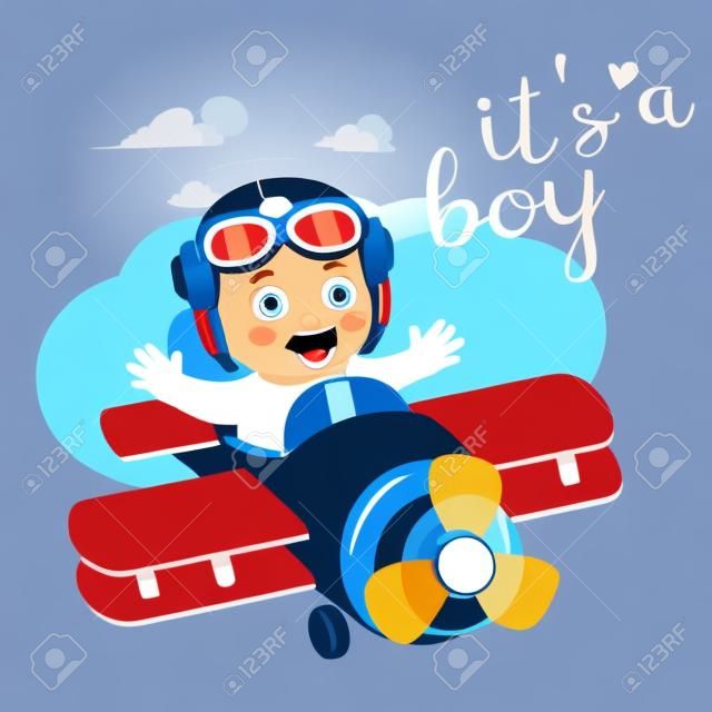 소년 아름다운 벡터 카드입니다. 도착 소년 비행가와 귀여운 비행기입니다. 어이와 만화 그림 소년입니다. 베이비 샤워 초대장 카드.