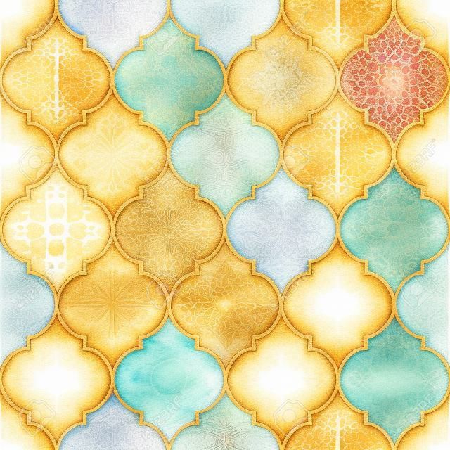 Vintage decorative moroccan seamless pattern with gold line. Watercolor hand drawn colorful stained-glass window design. Watercolour geometrical oriental elements. Print for textile wallpaper wrapping