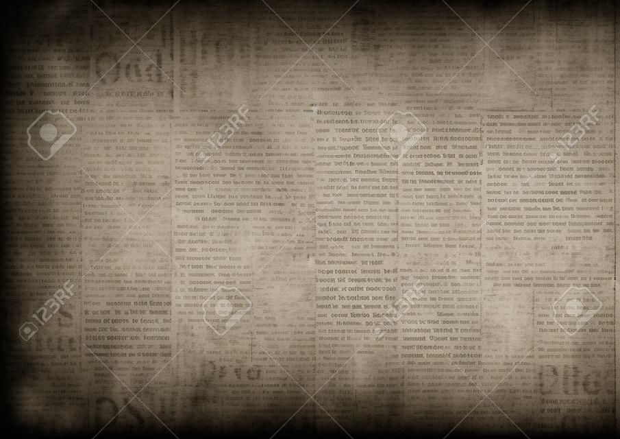 Old grunge newspaper paper textured background. Blurred vintage newspapers texture background. Blur unreadable aged news page with place for text, images. Dark gray beige collage.