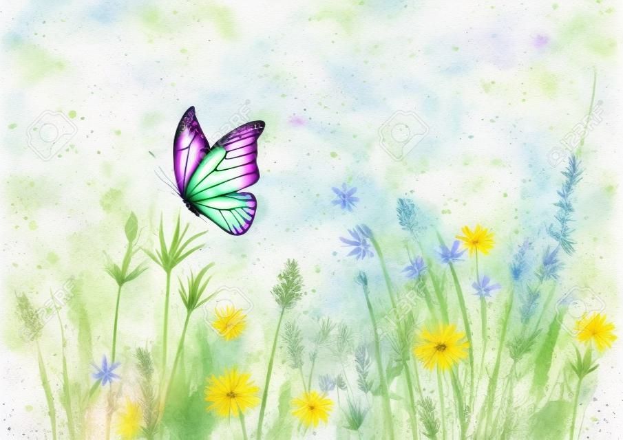 牧草地の野生の花、ハーブ、草の水平方向の背景とカラフルな蝶。ボケ効果の水彩画手描き植物画。水彩画の花のハーブの背景。テキスト用のスペース。