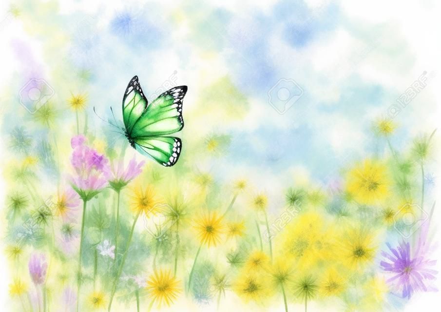 초원 야생 꽃, 허브, 화려한 나비와 함께 잔디 가로 배경. 보케 효과가 있는 수채색 손으로 그린 식물 삽화. 수채화 꽃 허브 배경입니다. 텍스트를 위한 공간입니다.