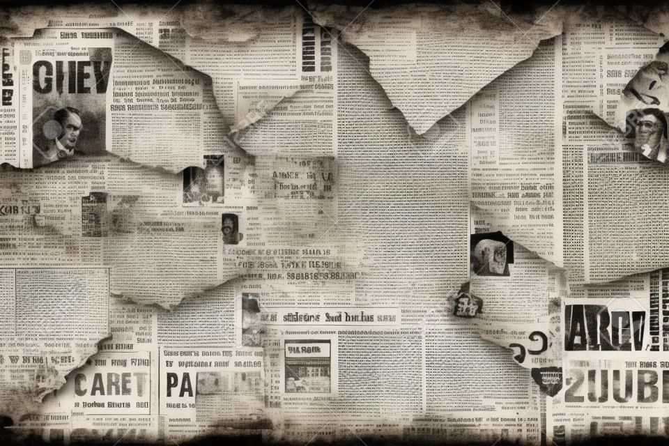 Newspaper paper grunge aged newsprint pattern background. Vintage old newspapers template texture. Unreadable news horizontal page with place for text, images. Gray colored art collage.