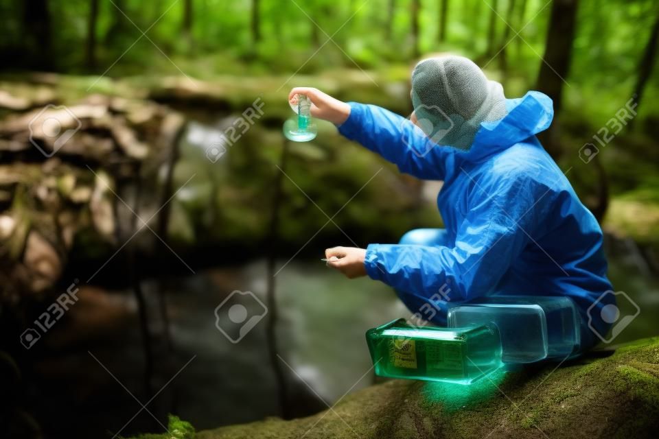 échantillon d'eau d'une rivière forestière dans une fiole entre les mains d'un biologiste écologiste