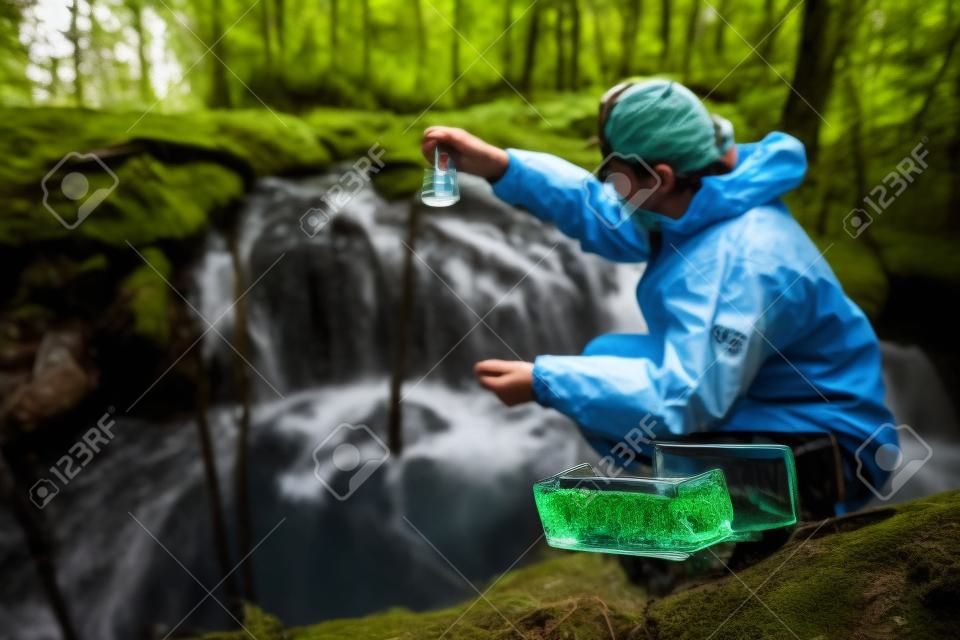 échantillon d'eau d'une rivière forestière dans une fiole entre les mains d'un biologiste écologiste