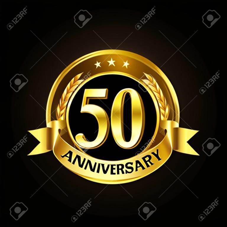 50 years anniversary celebration icon. Golden anniversary emblem with ribbon.