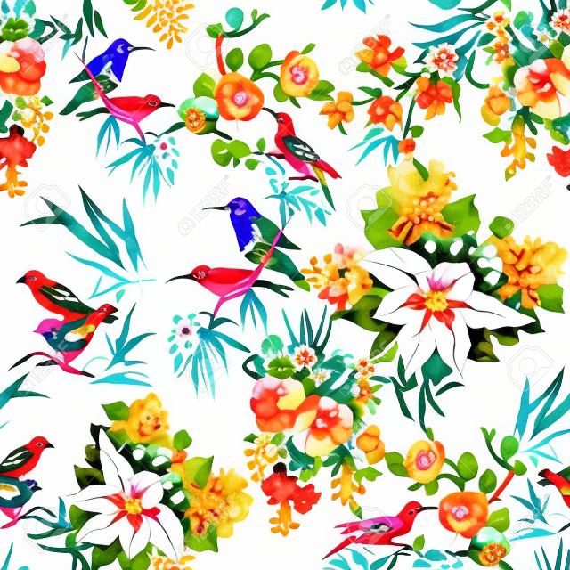 Watercolor Wild exotic birds on flowers seamless pattern on white background.