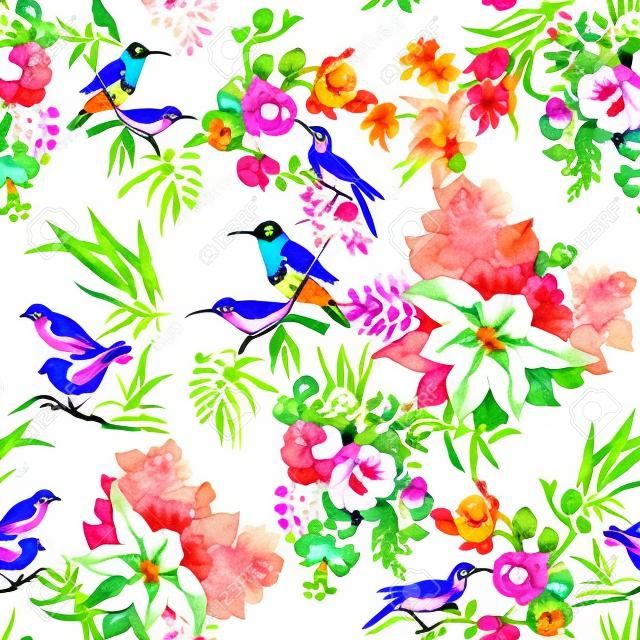 Watercolor Wild exotic birds on flowers seamless pattern on white background.