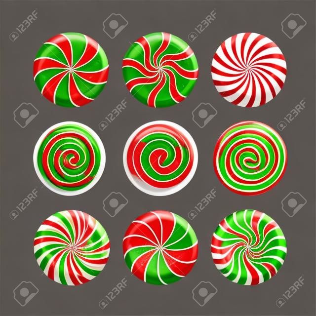 Ensemble de bonbons rouges et verts au caramel, Lollipop. Bonbons rayés déballés sur fond blanc. Élément de design vectoriel pour Noël, nouvel an, vacances d'hiver, dessert, réveillon du nouvel an, nourriture, etc.