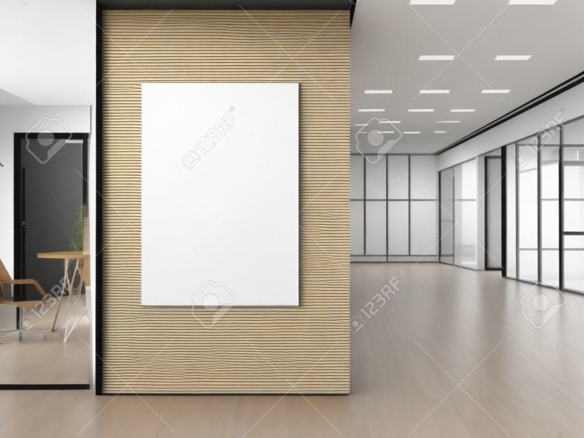 사무실 나무 벽에 빈 흰색 포스터입니다. 3 차원 렌더링
