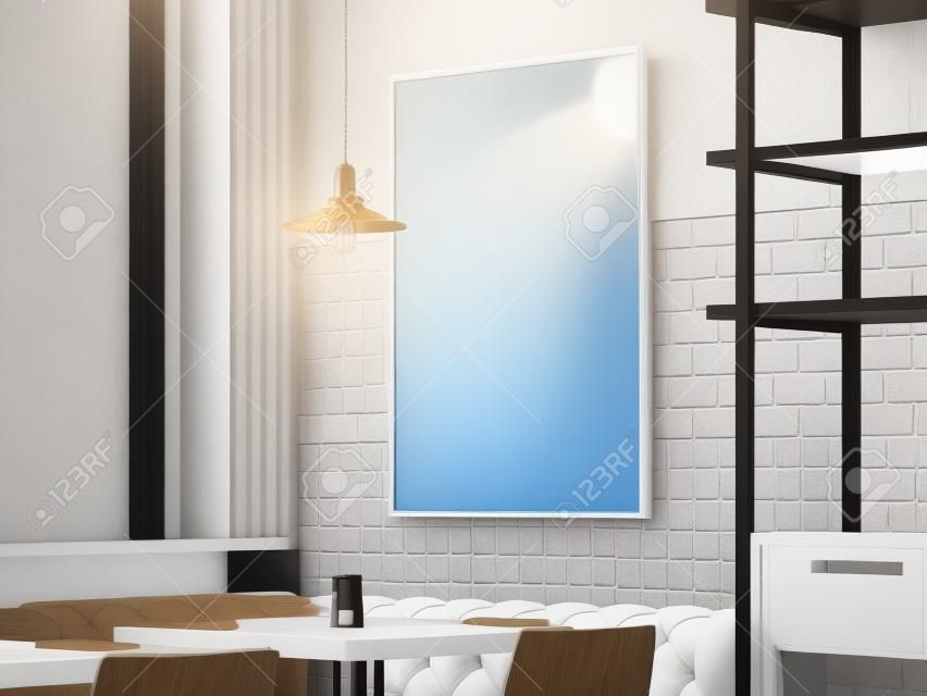 램프와 벽에 흰색 캔버스와 함께 밝은 레스토랑 인테리어. 3 차원 렌더링