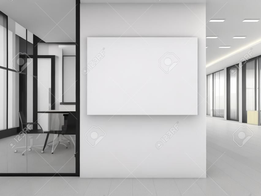 현대 사무실 회색 벽에 빈 흰색 캔버스. 3 차원 렌더링