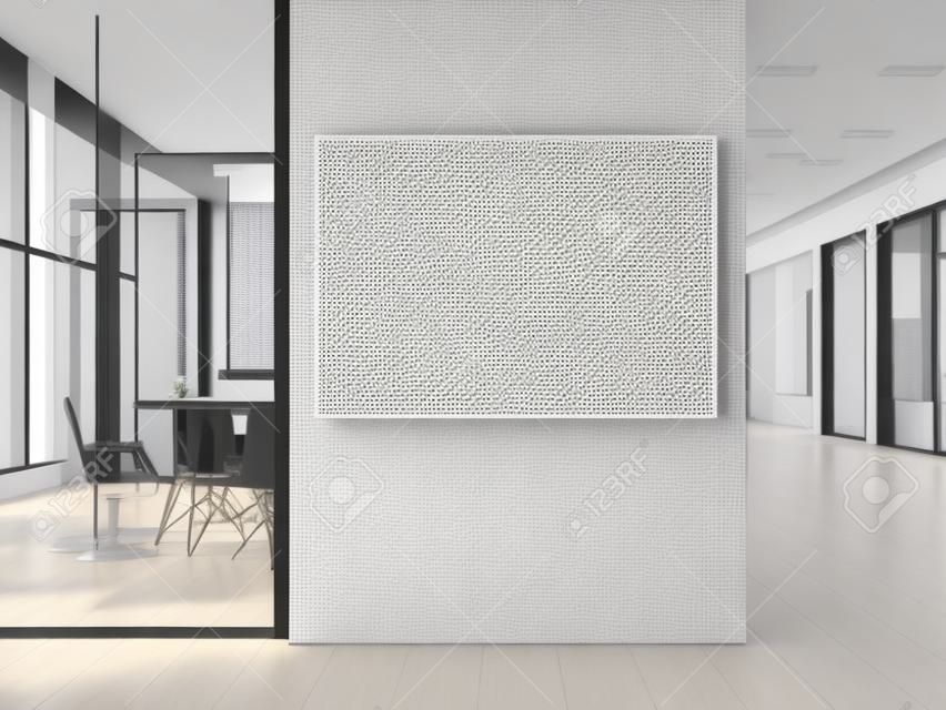 空荡荡的白色帆布上，现代办公的灰墙3D渲染