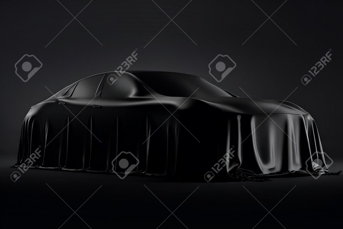 Presentación del auto cubierto con un paño negro. Representación 3d