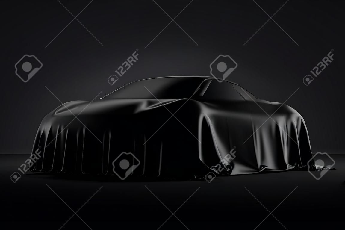 Presentación del auto cubierto con un paño negro. Representación 3d