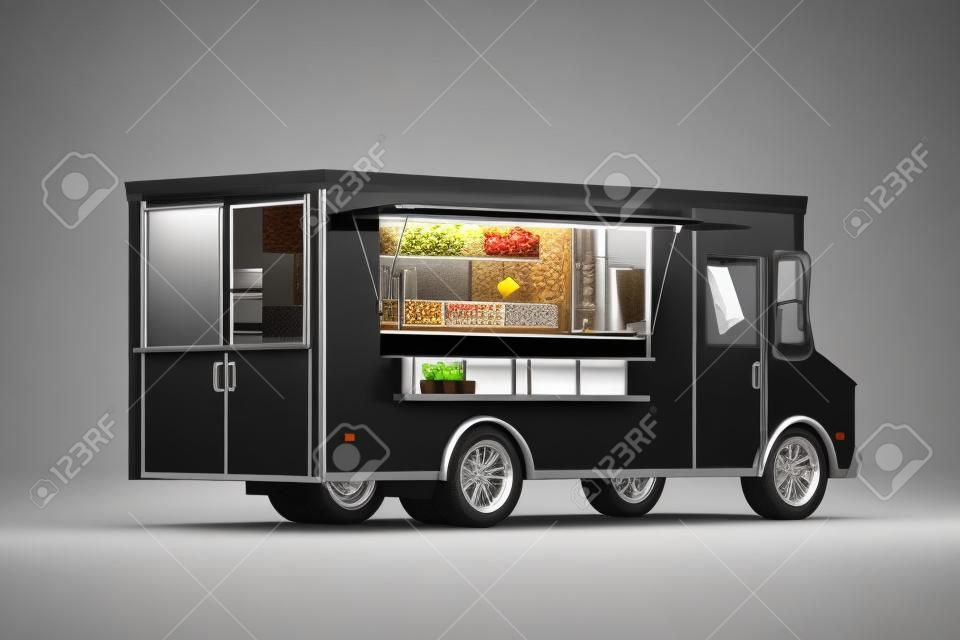 Black realistic food truck isolated on white. 3d rendering.