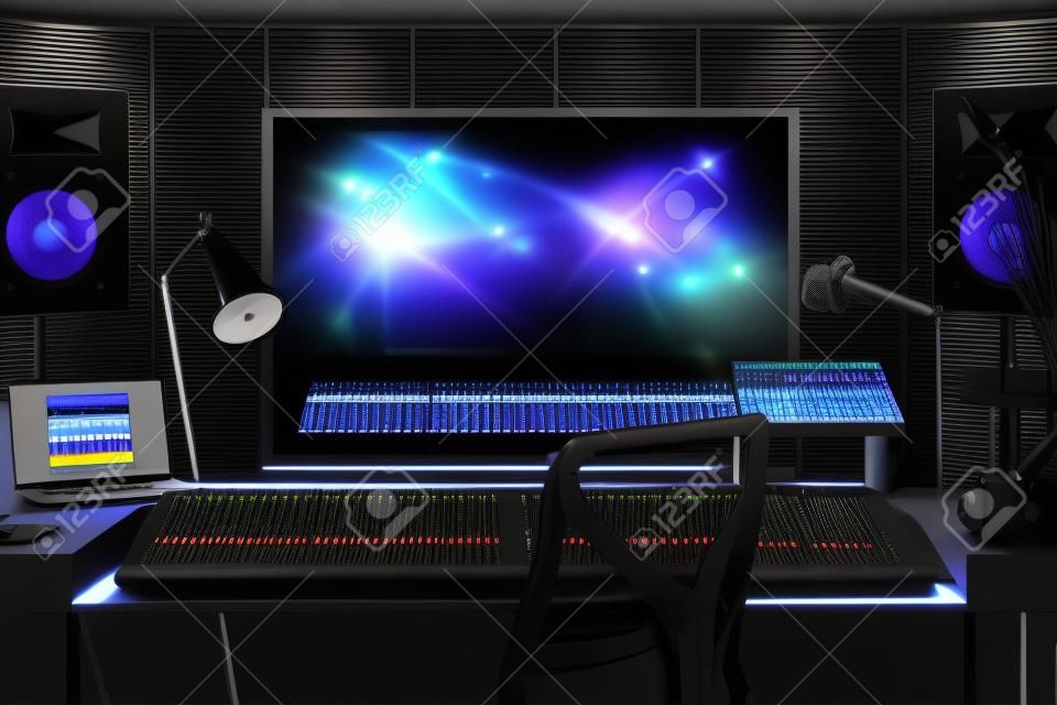 Studio Computer Music Station configurado. Console de mixagem de áudio profissional. renderização 3D.