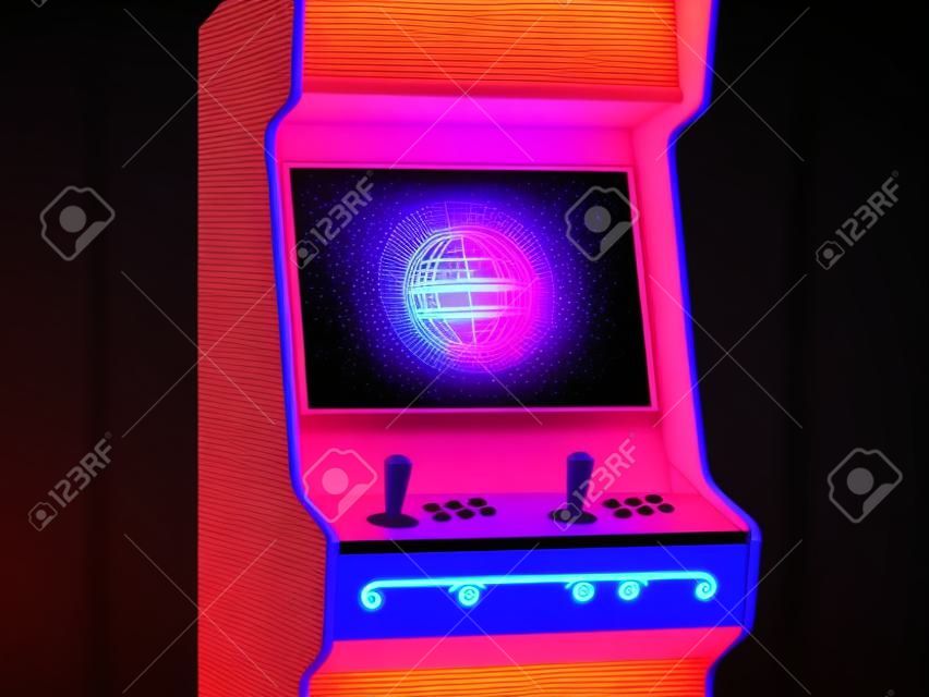 Retro Arcade Machine With Blank Screen Illuminated By Neon Violet Light. 80s. 3d Rendering
