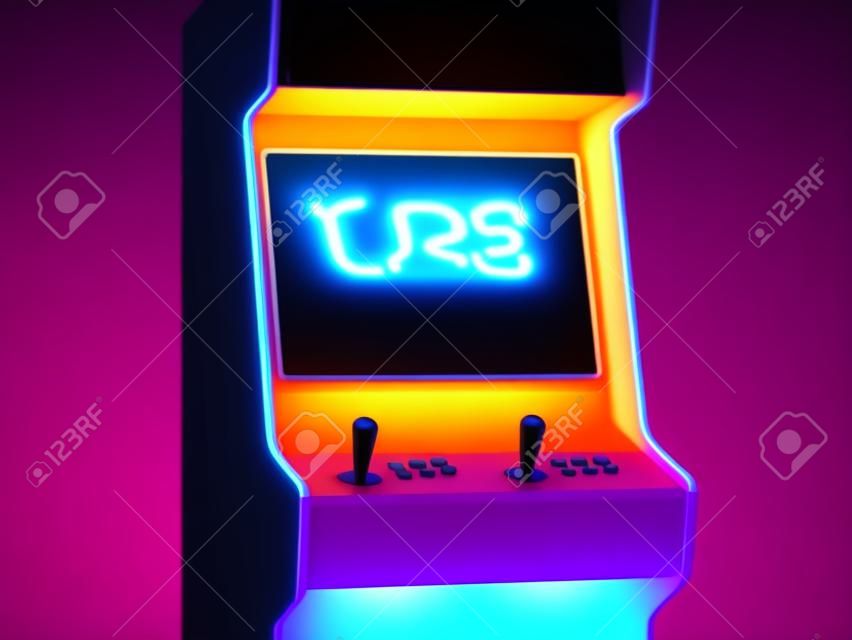 Retro Arcade Machine With Blank Screen Illuminated By Neon Violet Light. 80s. 3d Rendering