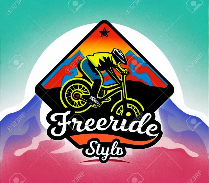 Kleurrijk logo, embleem, label, clubruiters voeren trucs uit op een mountainbike op een achtergrond van bergen, geïsoleerde vector illustratie. Club afdaling, freeride. Print op T-shirts.