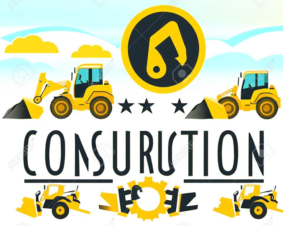 Illustration on the theme of the construction works. Construction machinery. Special equipment. Lettering on the isolated background. Mini loader. Logo working tools. Flat style.