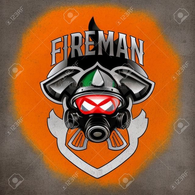 Colorful badge, logo, sticker, emblem skull fireman in gas mask and axes. Protection, rescue squad, uniform, bones, tools, fire, shield, lettering. T-shirt printing, vector illustration