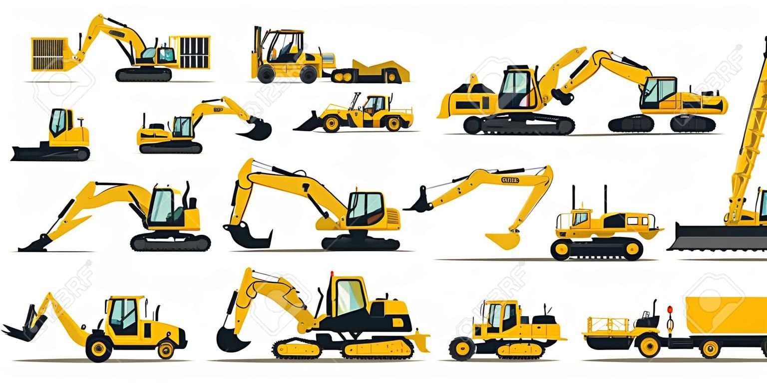 A large set of construction equipment in yellow. Special machines for the building work. Forklifts, cranes, excavators, tractors, bulldozers, trucks, cars, concrete mixer, trailer. Vector illustration