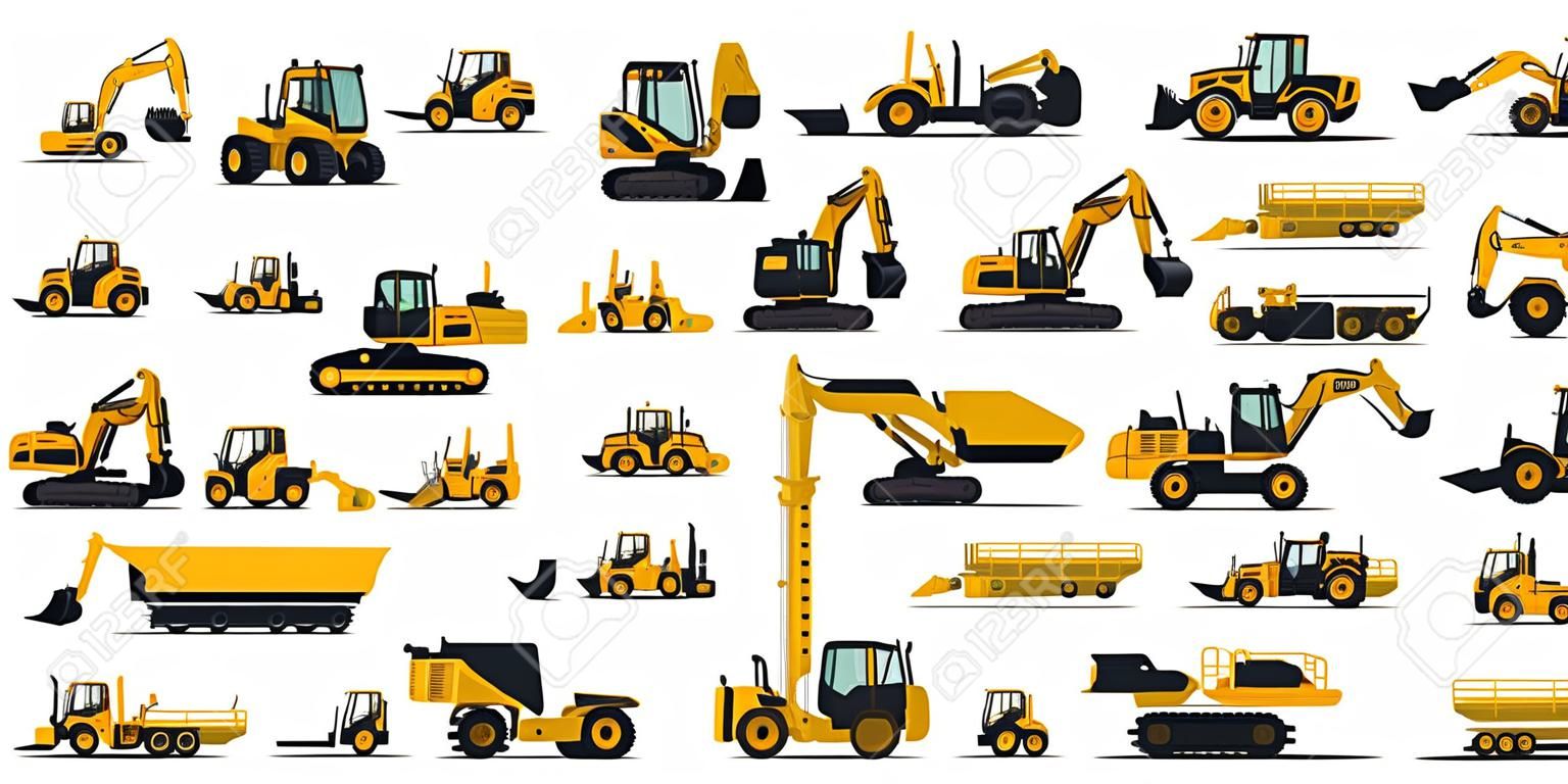 Um grande conjunto de equipamentos de construção em amarelo. Máquinas especiais para o trabalho de construção. Empilhadeiras, guindastes, escavadeiras, tratores, escavadeiras, caminhões, carros, betoneira, reboque. Ilustração vetorial
