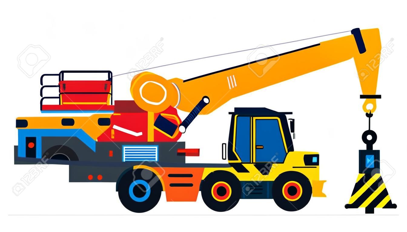 Bouwmachines, vrachtwagenkraan. Bedrijfsvoertuigen voor werkzaamheden op de bouwplaats. Vector illustratie geïsoleerd op witte achtergrond