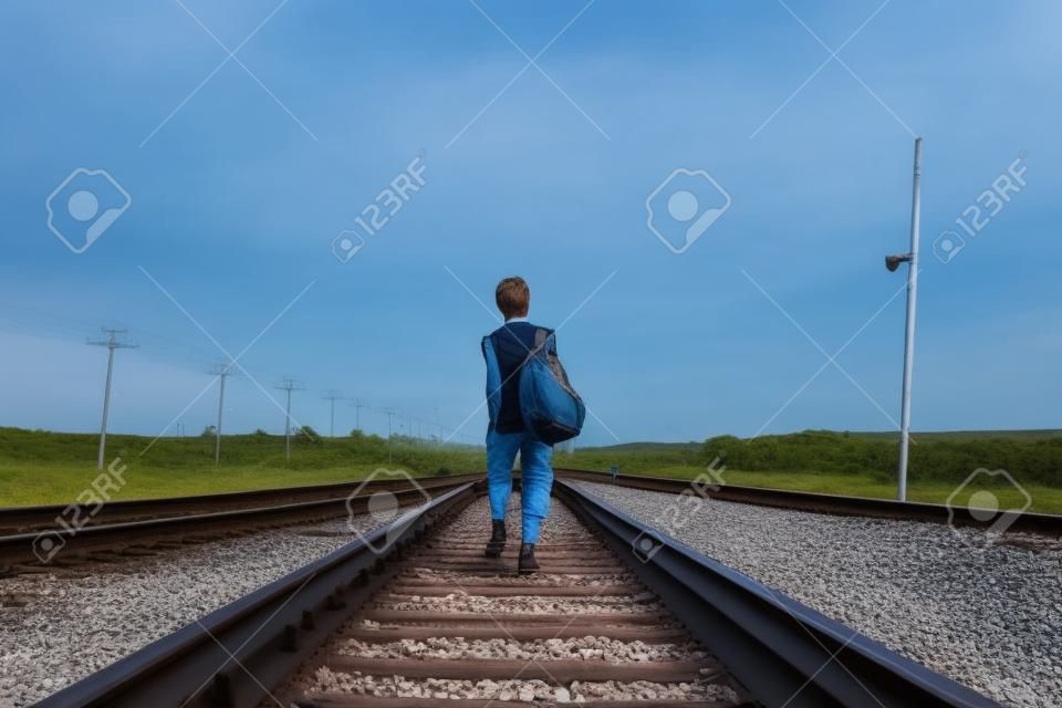 Teen Jungen mit Problem zu Fuß auf railroad
