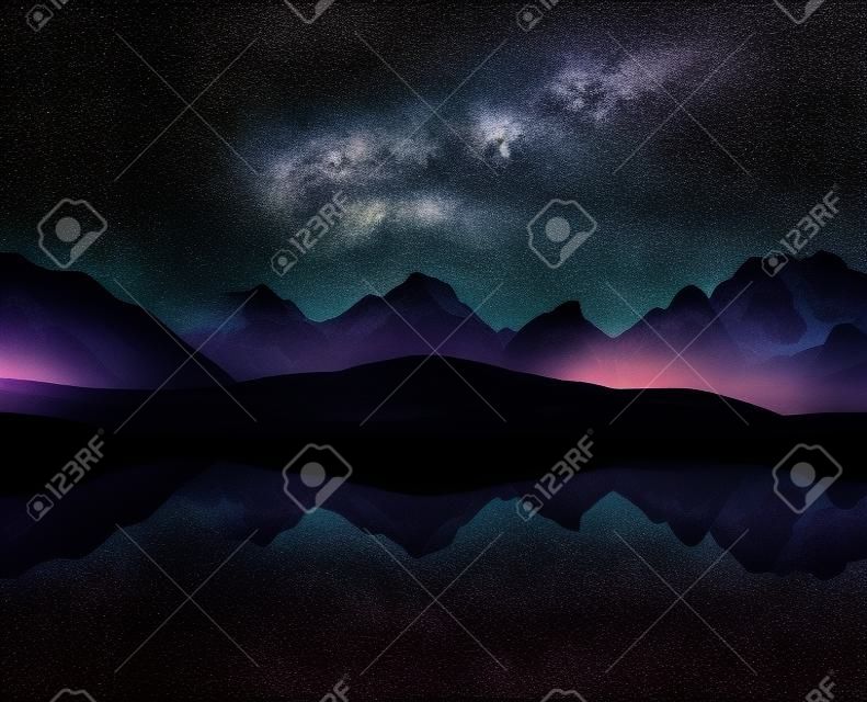 夜空與星星和銀河系在一個山湖上。拼貼兩幀。藝術處理照片