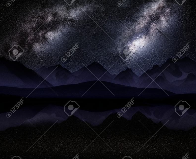 Night sky with stars and the Milky Way over a mountain lake. Collage of two frames. Art processing photos