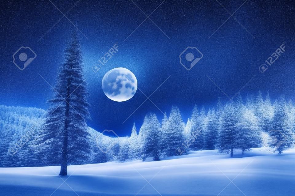 Noche de invierno con luna llena y cielo estrellado. Árboles cubiertos de escarcha en un bosque de montaña. Paisaje con nieve fresca