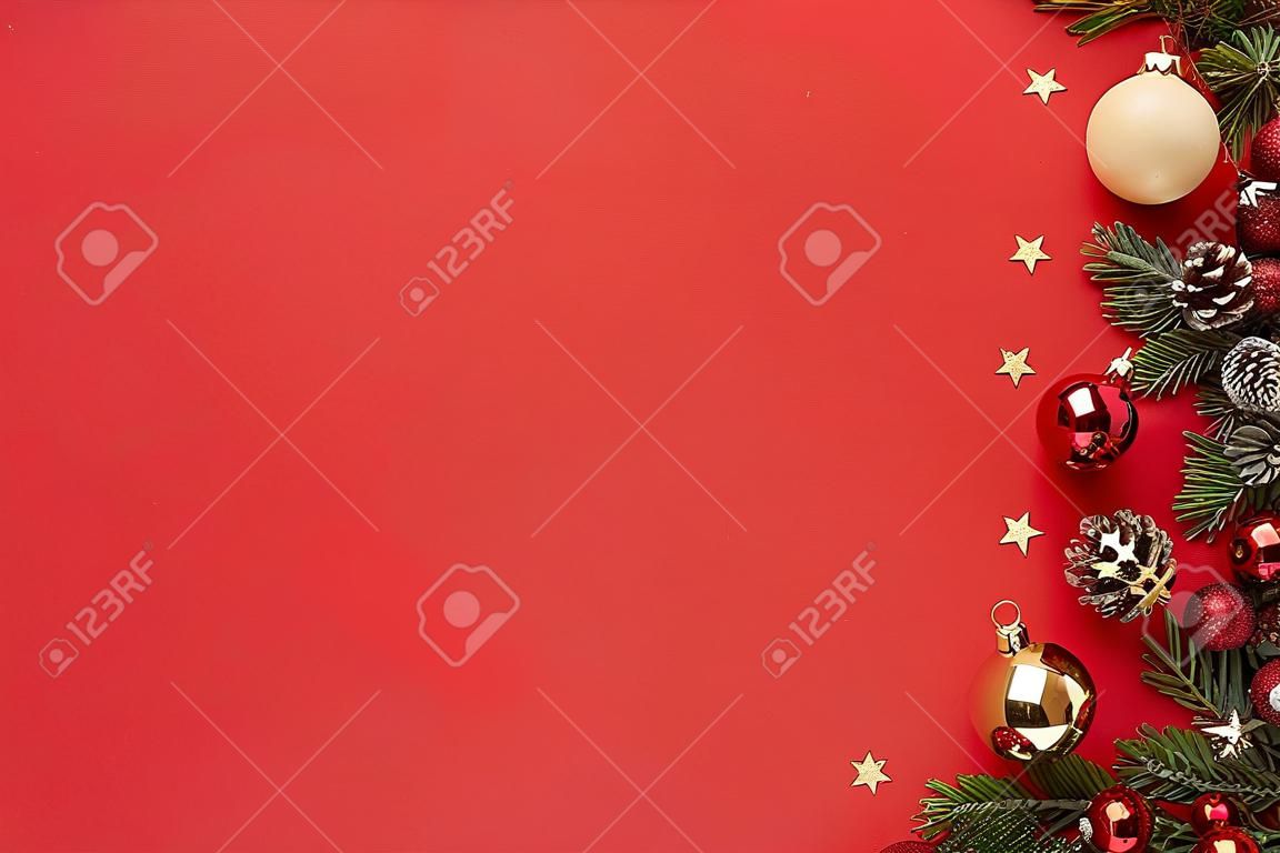 Christmas Ornament Border on Red Background with Copy Space